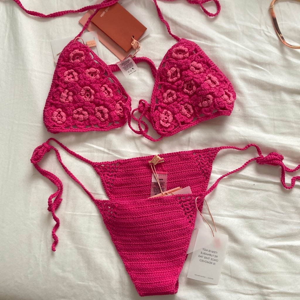 Cult Gaia Hot Pink Crochet Floral Triangle Bikini